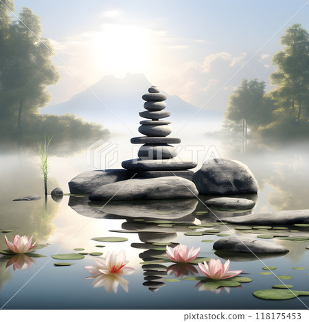 Rock Cairn and Lotus Flowers in Misty Lake 118175453