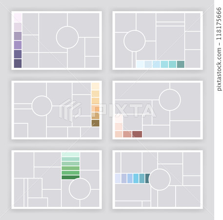 Photo collage template set. Album brandboard, set portfolio images. Mood board backgrounds. Mosaic picture frames. Gallery banners. Vector illustration 118175666