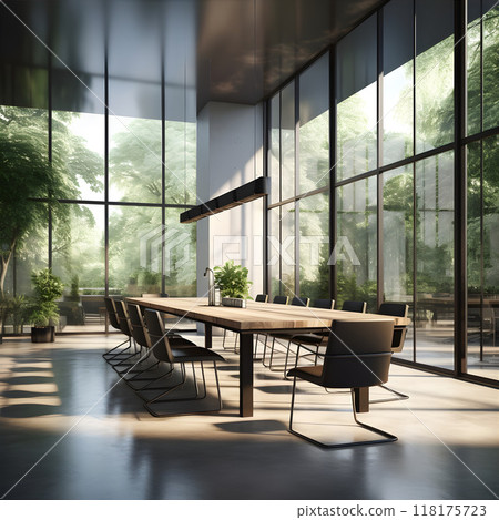 Bright, modern meeting room surrounded by greenery. 118175723