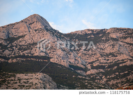 View of the Biokovo mountain range of the Dinaric Alps from Makarska riviera, Adriatic coast of Croatia View of the Biokovo mountain range of the Dinaric Alps from Makarska riviera, Adriatic coast of Croatia 118175758