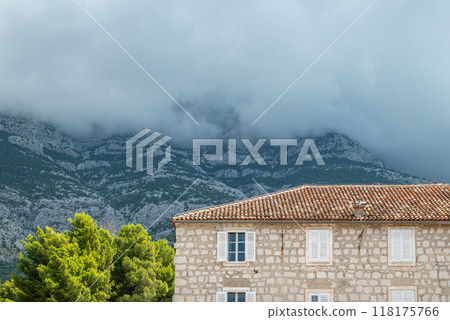 View of the Biokovo mountain range of the Dinaric Alps from Makarska riviera, Adriatic coast of Croatia 118175766