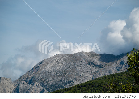 View of the Biokovo mountain range of the Dinaric Alps from Makarska riviera, Adriatic coast of Croatia 118175770
