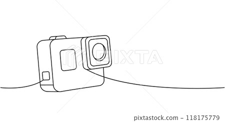 Action camera one line continuous drawing. Professional photo equipment. Vector linear illustration. 118175779