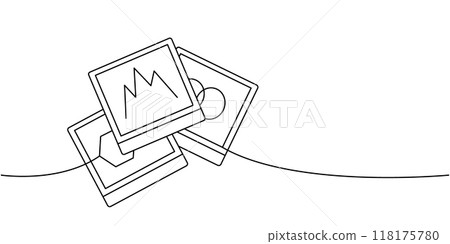 Empty photo frames one line continuous drawing. Vector linear illustration. 118175780