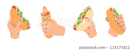 Set of hand hold hotdog. American street fast food. Vector illustration. 118175812