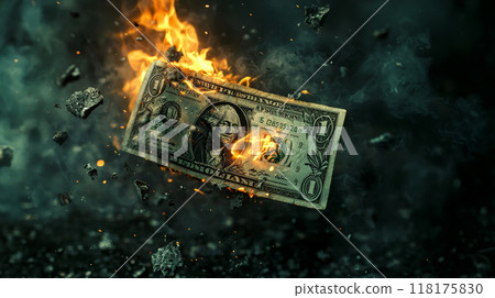 Burning Wealth: A Dollar Bill Consumed by Flames. Generative AI 118175830