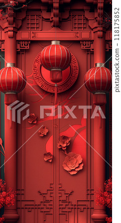 Red Chinese New Year paper cut with lanterns, floral decorations background. Generative AI 118175852