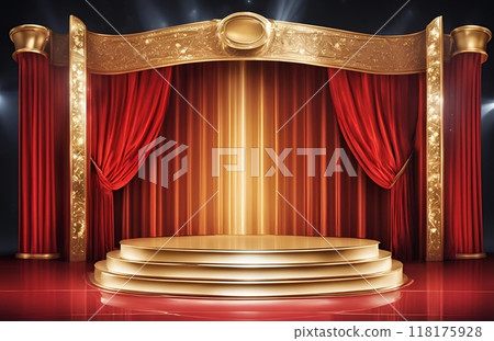 Red award show stage with a podium, featuring elegant decorations, bright lighting and a backdrop, set up for celebrating distinguished achievements. AI Generated 118175928