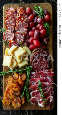 Charcuterie Board with Mixed Meats, Cheese, Grapes, Olives, and Cherry Tomatoes, cold cuts meat, banner Charcuterie Board with Mixed Meats, Cheese, Grapes, Olives, and Cherry Tomatoes, cold cuts meat, banner 118176086