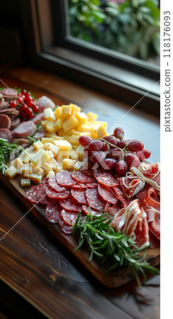 Charcuterie Board with Mixed Meats, Cheese, Grapes, Olives, and Cherry Tomatoes, cold cuts meat, banner 118176093