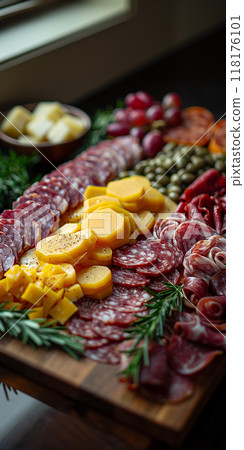 Charcuterie Board with Mixed Meats, Cheese, Grapes, Olives, and Cherry Tomatoes, cold cuts meat, banner 118176101
