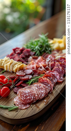 Charcuterie Board with Mixed Meats, Cheese, Grapes, Olives, and Cherry Tomatoes, cold cuts meat, banner 118176137