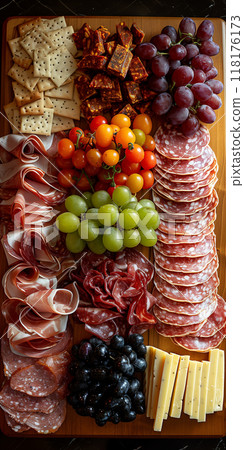 Charcuterie Board with Mixed Meats, Cheese, Grapes, Olives, and Cherry Tomatoes, cold cuts meat, banner 118176173