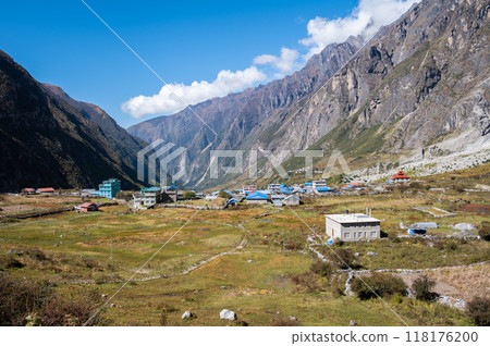 View of new Langtang village a village inside Langtang national park, Nepal. Completely destroyed by the earthquake in 2015 and then rebuilt, this village is a sign of resilience in the area. 118176200