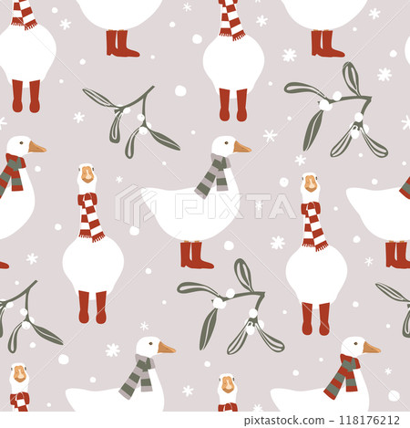 Seamless winter pattern with cute geese in warm scarf and reed boots. Merry Christmas vector illustration 118176212