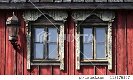This high-quality photo captures the intricate architectural details of a traditional Norwegian village. Generative AI This high-quality photo captures the intricate architectural details of a traditional Norwegian village. Generative AI 118176337