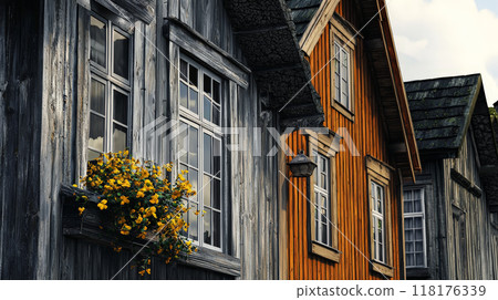 This high-quality photo captures the intricate architectural details of a traditional Norwegian village. Generative AI 118176339