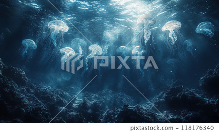 This ultrawide, deep-underwater photo captures the haunting beauty of the ocean. Generative AI	 118176340