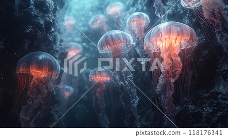 This ultrawide, deep-underwater photo captures the haunting beauty of the ocean. Generative AI	 118176341