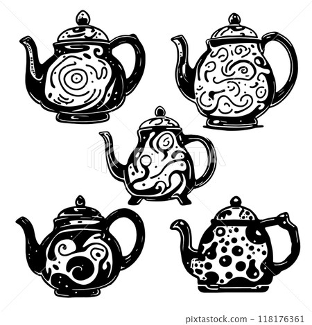 Icon set of black and white teapots for brewing tea with different patterns and shapes. Vector illustration 118176361