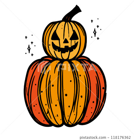 Spooky pumpkin icons and stickers for Halloween theme. Vector illustration malenica jack lantern pumpkin in cartoon style as an icon or sticker Spooky pumpkin icons and stickers for Halloween theme. Vector illustration malenica jack lantern pumpkin in cartoon style as an icon or sticker 118176362