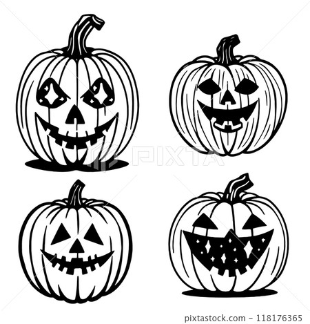 Spooky pumpkin icons and stickers for Halloween theme. Vector illustration malenica jack lantern pumpkin in cartoon style as an icon or sticker Spooky pumpkin icons and stickers for Halloween theme. Vector illustration malenica jack lantern pumpkin in cartoon style as an icon or sticker 118176365