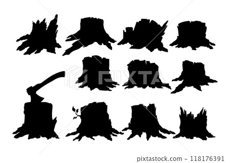 Black tree stump silhouettes. Isolated stub drawing. Broken trunk in forest scene. Wooden root shape arts. Destruction wood landscape Black tree stump silhouettes. Isolated stub drawing. Broken trunk in forest scene. Wooden root shape arts. Destruction wood landscape 118176391