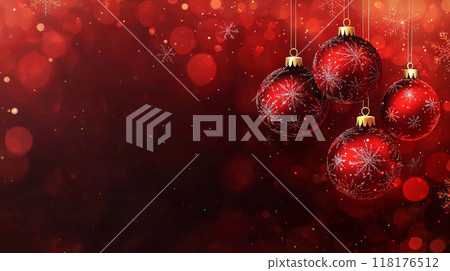 This vibrant red Christmas background features four elegant hanging Christmas balls and delicate snowflakes, creating a festive atmosphere. Generative AI This vibrant red Christmas background features four elegant hanging Christmas balls and delicate snowflakes, creating a festive atmosphere. Generative AI 118176512