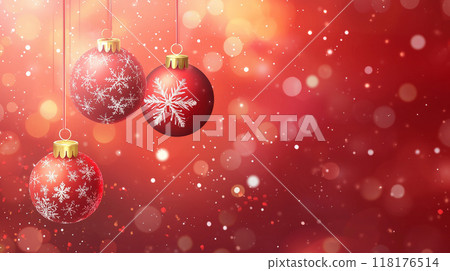 This vibrant red Christmas background features four elegant hanging Christmas balls and delicate snowflakes, creating a festive atmosphere. Generative AI This vibrant red Christmas background features four elegant hanging Christmas balls and delicate snowflakes, creating a festive atmosphere. Generative AI 118176514