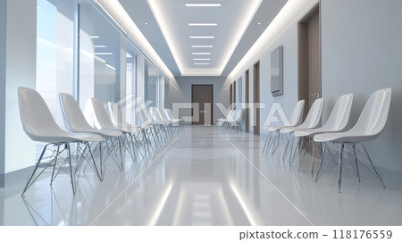 A tranquil scene of an empty, modern hospital corridor lined with sleek white chairs, showcasing a contemporary waiting room in a medical office. Generative AI 118176559
