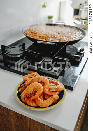 spanish fideua, noodle paella, in the stove spanish fideua, noodle paella, in the stove 118176579