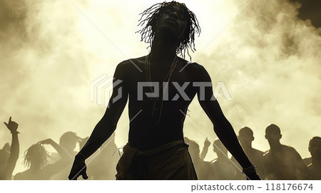 A striking black silhouette captures a street dancer mid-performance, frozen in a dynamic pose. Generative AI	 118176674