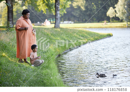 African American branny and her lovely grandson feeding ducks with white bread in green park African American branny and her lovely grandson feeding ducks with white bread in green park 118176858