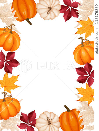 Autumn-themed vector illustration of a frame with pumpkins, leaves, and decorative elements. Autumn-themed vector illustration of a frame with pumpkins, leaves, and decorative elements. 118176880