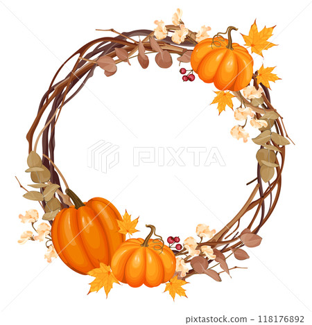 This vector illustration showcases a circular autumn wreath decorated with pumpkins, fall leaves, branches, and small berries. This vector illustration showcases a circular autumn wreath decorated with pumpkins, fall leaves, branches, and small berries. 118176892