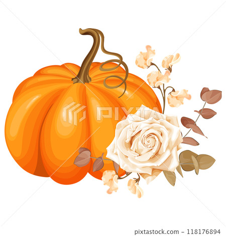 Vector illustration, an orange pumpkin combines with a white rose, beige flowers, and brown eucalyptus leaves. Vector illustration, an orange pumpkin combines with a white rose, beige flowers, and brown eucalyptus leaves. 118176894