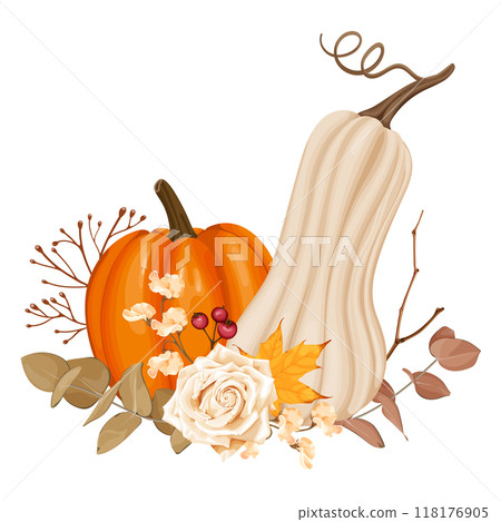 This vector illustration shows white and orange pumpkins surrounded by elements of autumn white rose, eucalyptus, maple leaves, rose hips. This vector illustration shows white and orange pumpkins surrounded by elements of autumn white rose, eucalyptus, maple leaves, rose hips. 118176905