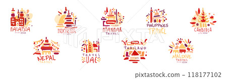 Travel Time Original Label Design with Destination Country Vector Set 118177102