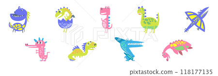 Cute Dinosaur Beast and Animal in Doodle Style Vector Set 118177135
