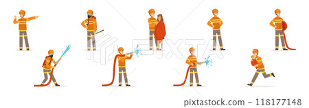 Man Firefighter Character Engaged in Rescue Operation Vector Set 118177148