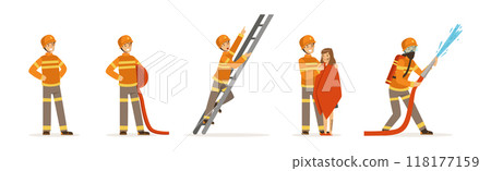 Man Firefighter Character Engaged in Rescue Operation Vector Set 118177159