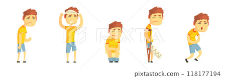 Boy Character Feel Unwell Suffer from Disease Symptoms Vector Set Boy Character Feel Unwell Suffer from Disease Symptoms Vector Set 118177194