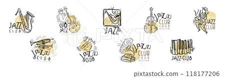 Jazz Club Logo Design with Hand Drawn Element Vector Set Jazz Club Logo Design with Hand Drawn Element Vector Set 118177206