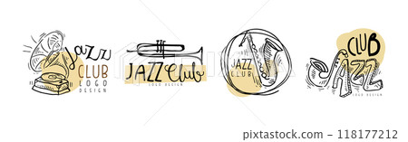 Jazz Club Logo Design with Hand Drawn Element Vector Set 118177212