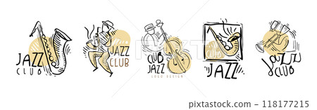 Jazz Club Logo Design with Hand Drawn Element Vector Set 118177215