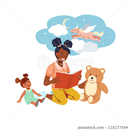 Happy girl reads about unicorns flat vector illustration Happy girl reads about unicorns flat vector illustration 118177394