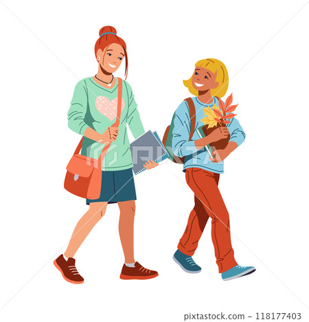 Happy girl with elder sister going to school illustration Happy girl with elder sister going to school illustration 118177403