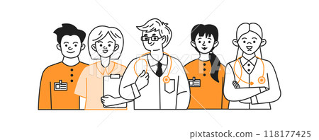 Medical staff team doodle line and color illustration Medical staff team doodle line and color illustration 118177425