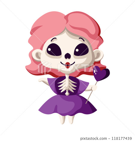 Girl skeleton with lollipop flat color vector illustration 118177439