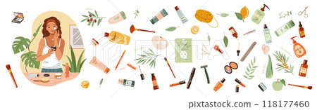 Woman applies moisturizing cream at home flat illustration 118177460